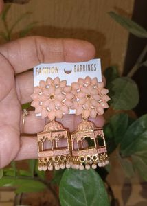 Pink Jaipuri Style Jhumkas With Small Bag