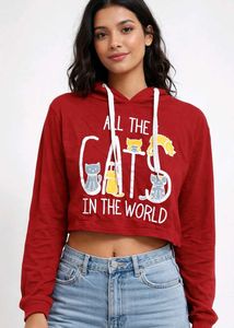 Cute Cat Print Hoodie Crop Top