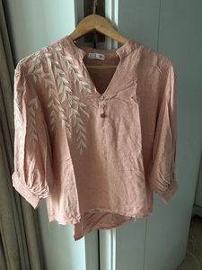 Peach Cotton Embroidered Kurta with Leaf Design