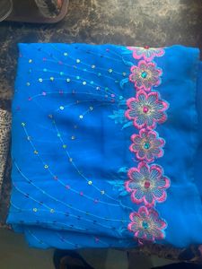 Vibrant Blue Sequined Flower Sari Fabric