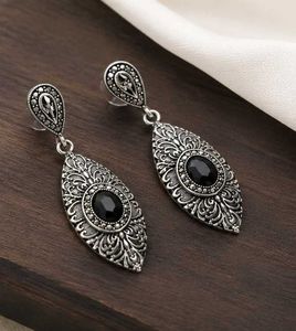 Vintage Silver Tone Black Stone Dangle Earrings