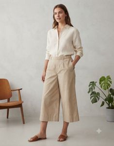 Length-30,,Women's Beige Wide Leg Cropped Pants