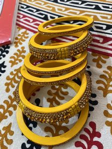 Yellow &amp; Gold Crystal Bangles (Set of 6)