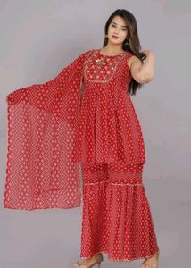 Red Tiered Sharara Set