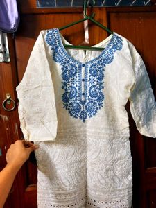 Embroidered Cream Kurta with Blue Neck Design