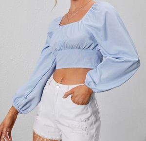 Blue Puff Sleeve Crop Top