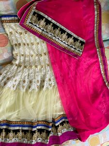 cream colour embroidered  heavy border  full flared lehnga with net heavy border dupatta
