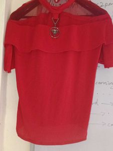 Red Off-Shoulder Top with Choker Detail