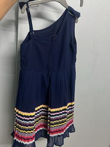 Navy Blue Pleated Dress with Colorful Trim