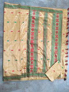 Elegant Golden Saree with Red &amp; Green Border
