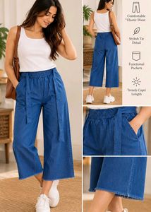 Blue Denim Capri Pants with Tie Waist