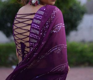 Purple stunning backless blouse with plain skirt