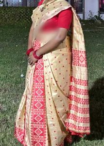 Elegant Cream Saree with Red Motifs