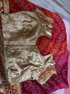 Red Bandhani Designer Saree with Gold Blouse