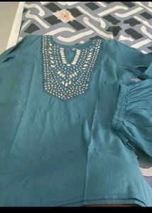 Teal Kurta Set with Embellished Neckline