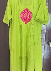 Lime Green Kurta with Pink Embroidery