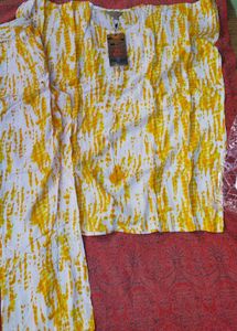 New White &amp; Yellow Print kaftan kurti pant set