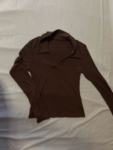 Ribbed Collared Long Sleeve Top