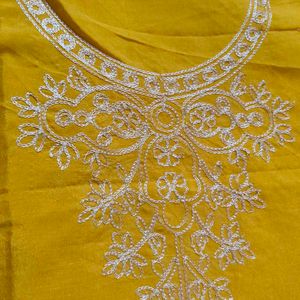 Mustard Yellow Silver Zari Neck Embroidered Party