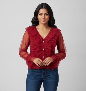 Stunning Red Ruffle Tulle Blouse
