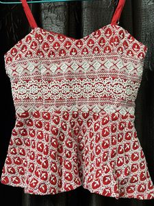 Chic Red &amp; White Embroidered Peplum Top