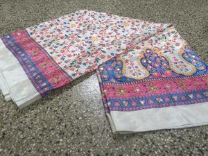 Beautiful Chinon Floral Saree with Mirror Work