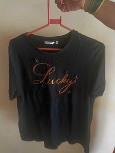 Black "Lucky" Beaded T-Shirt