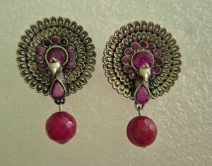 Peacock Design Earrings with Pink Stones