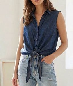 Sleeveless Denim Shirt with Tie Front