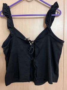 Black Tie-Front Ruffle Strap Top