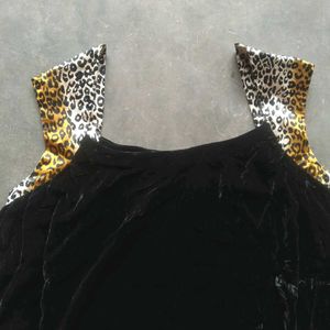 Black Velvet Top with Leopard Print Trim
