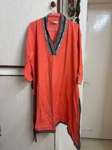 Coral Ethnic Kurta with Black & Silver Trim
