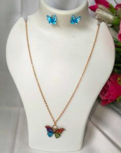 Butterfly Metal Combo Blue Multi Necklace &amp; Earrin