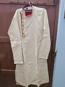 Elegant Cream and Maroon Trim kurta with pajama