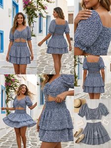 Blue Floral Crop Top &amp; Skirt Set