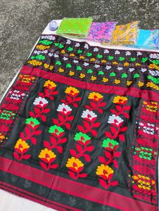 Black Saree with Floral Motif JAMDANI COTTON