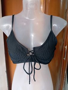 Black Ribbed Lace-Up Bikini Top