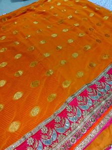 Stunning Orange Saree with Gold Motifs