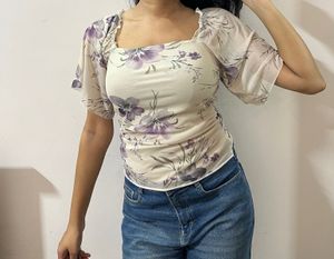 Sheer Floral Bell Sleeve Top