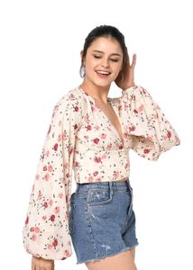 Floral Print V-Neck Bell Sleeve Crop Top