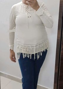 Boho Lace Fringe Cream Top