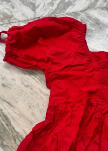 Red Smocked Square Neck Blouse