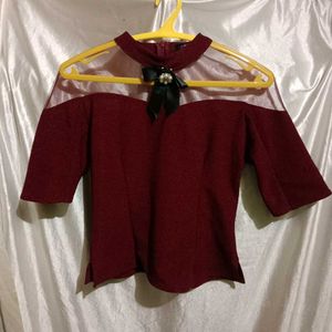 Maroon Sheer Neckline Top with Bow Detail