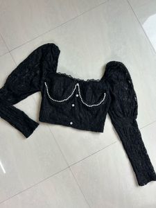 Black Lace Pearl Detail Puff Sleeve Top