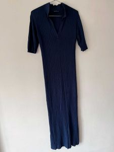 Navy Blue Ribbed Knit Midi Dress