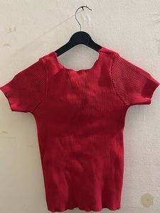 Red Ribbed Square Neck Top