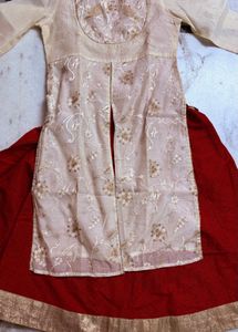 Cream embroidered Kurta with Red Zari Skirt