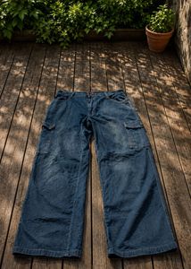 Wide Leg Blue Denim Cargo Pants