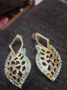 Gold &amp; Teal Leaf Earrings