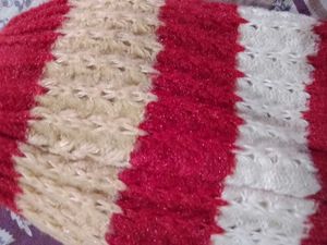 Knitted Red &amp; Beige Beanie Hat with Flower